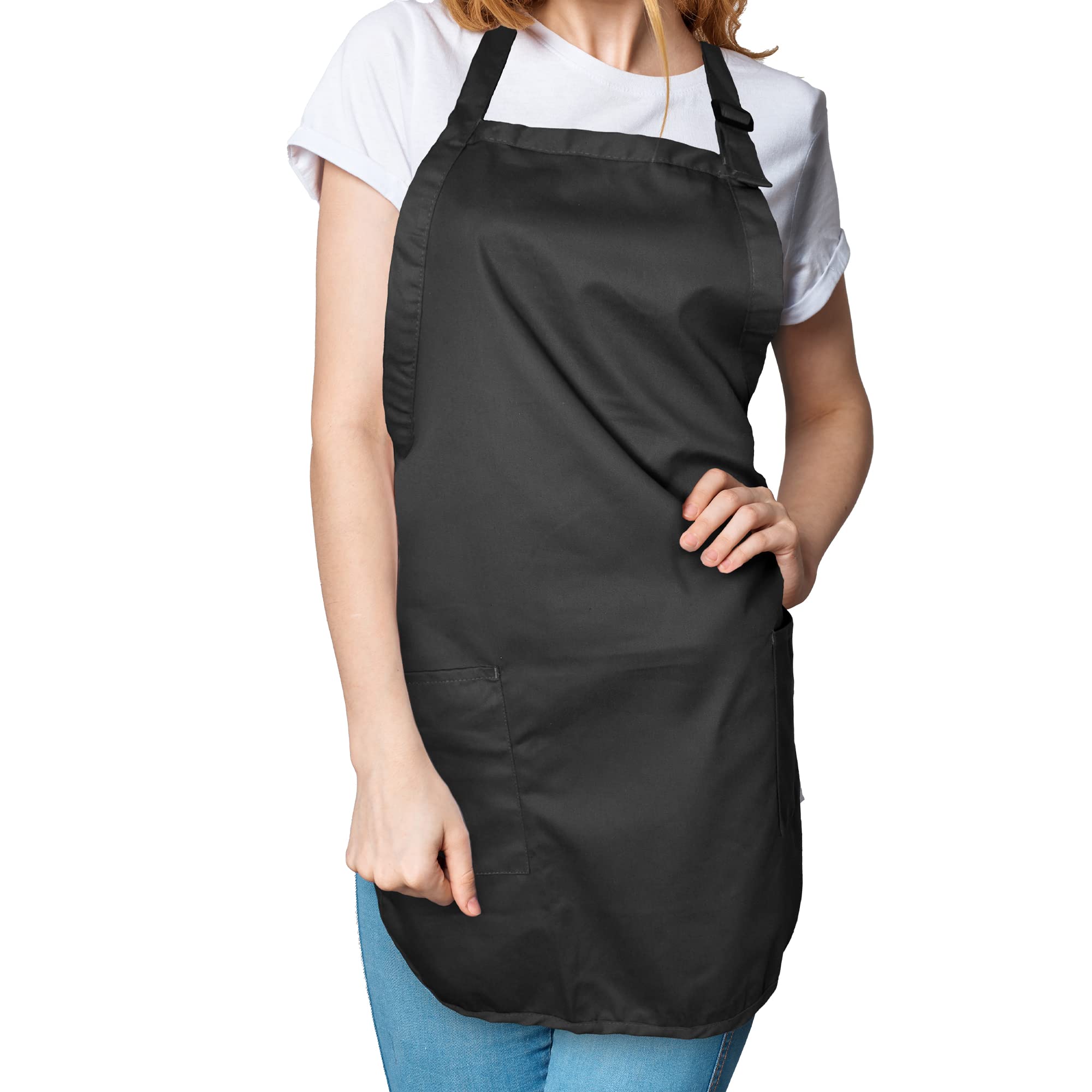 Dalix Apron Commercial Restaurant Home Bib Spun Poly Cotton Kitchen Aprons (2 Pockets) In Black 12 Pack